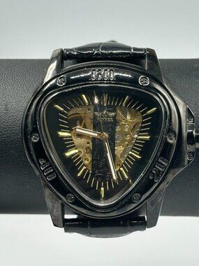 Winner Automatic Watch 49mm Black Triangle Case Skeleton Dial Leather Band